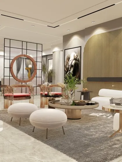 A luxurious living room concept with plush white sofas, gold and wood accents, and a glass partition that adds a touch of modern glamour.