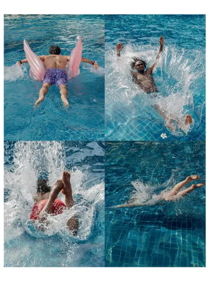 A collage of fun moments from the pool party, including guests splashing and floating on inflatables.