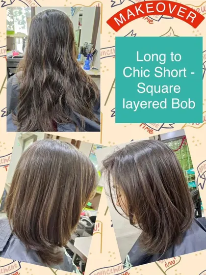A makeover from long hair to a chic, short, square layered bob. This cut offers a strong, fashionable silhouette with plenty of texture.