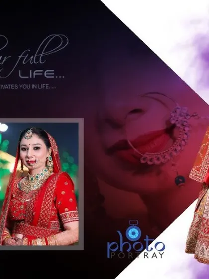 A creative album page design focusing on the bride, with a full-length shot and an artistic overlay.