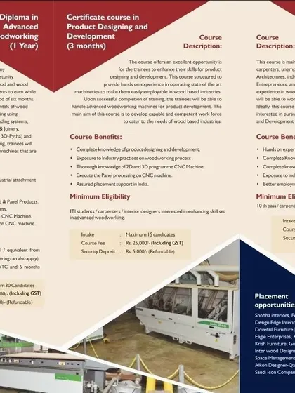 A detailed brochure outlining our various woodworking courses, including the one-year Diploma, a three-month course in Product Design, and a four-week course in Conventional Woodworking.