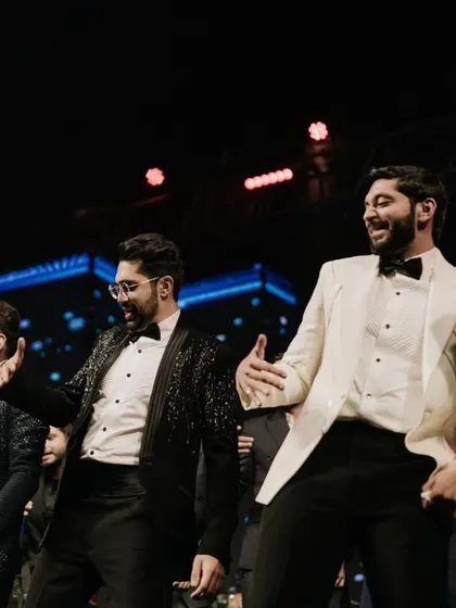 A fun, choreographed moment from the groom and his friends' dance performance, full of energy and personality.