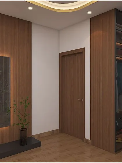 A render of a bedroom TV unit and wardrobe in a dark wood finish.
