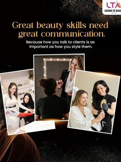 Great beauty skills need great communication. This collage emphasizes a core part of our curriculum: teaching students how to connect with clients, build trust, and provide a service experience that goes beyond just the technical aspects.
