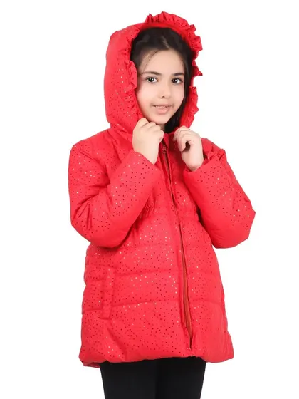 My e-commerce photography extends to kids' fashion, providing crisp, clear images for online stores. This shot of a child model in a bright red puffer jacket is a perfect example of a clean, product-focused image against a white background, ideal for catalogue listings.