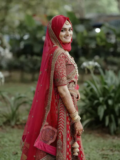 A classic bridal portrait. The bride looks over her shoulder with a beautiful smile, her stunning red lehenga standing out against the lush green background.