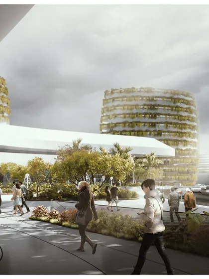 The entrance to the station, with its flowing canopy and landscaped forecourt, creates a welcoming gateway for travelers.