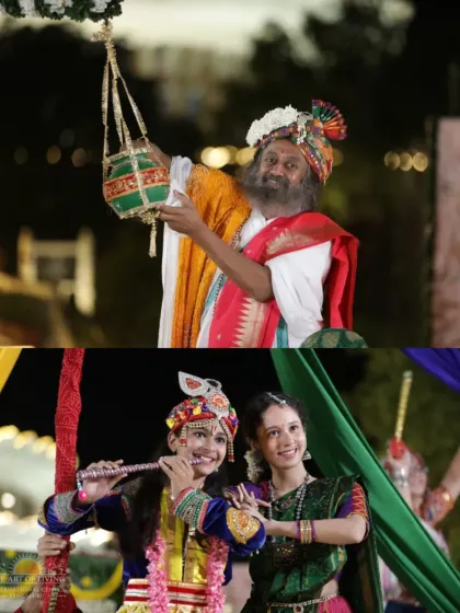 A collage from our Janmashtami celebration, showing me breaking the Dahi Handi and young devotees dressed as Krishna and Radha. The festival is a vibrant mix of ritual and cultural performance.