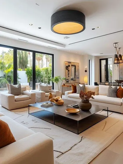 This bright and open living room has large glass doors that connect it to the outdoors. The neutral furniture with pops of orange creates a warm and inviting space.