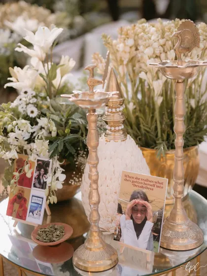 More examples of our personalized table placards, featuring the couple's pets and funny memes that tell their unique love story.
