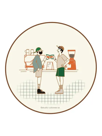An illustration of a customer and barista sharing a "cheers" with their coffee cups. This series aims to capture the sense of community and connection found in a local coffee shop.