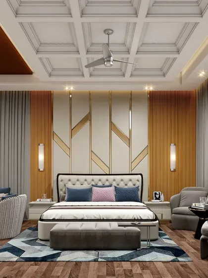 A different perspective of the bedroom suite, focusing on the custom headboard wall with its geometric gold inlay and warm wood paneling. The design includes integrated side tables and modern wall sconces for a clean, uncluttered look.