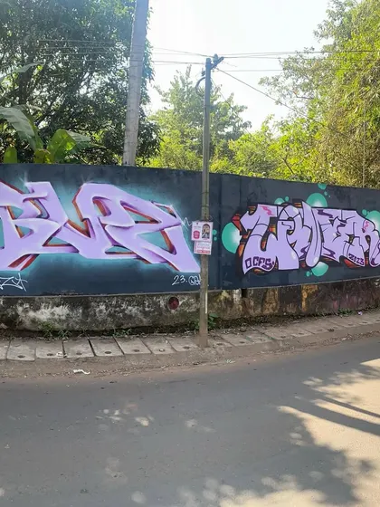 Another angle of the Devnagri piece from Goa. The simple lavender and purple letters stand out against the dark wall, making the script easy to read even with the graffiti style.