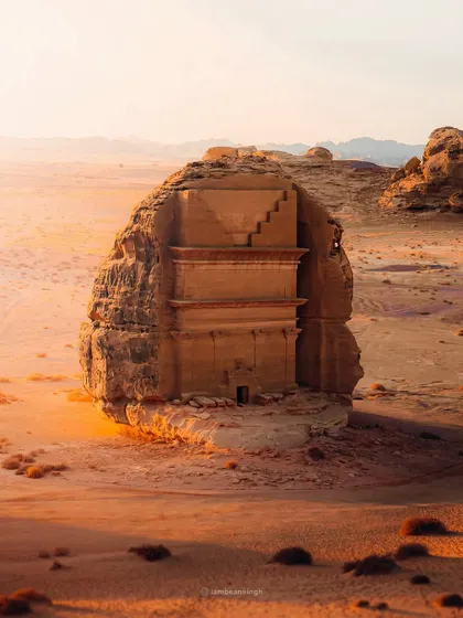 The Lonely Castle, or Qasr al-Farid, in Hegra, Saudi Arabia. I shot this during the golden hour to emphasize the warm tones of the rock and the incredible detail of the 1st-century Nabatean tomb. My goal is to capture historical sites with a sense of majesty and wonder.