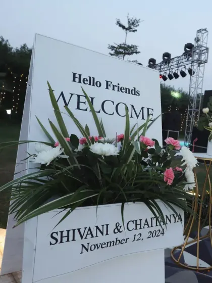 A modern and friendly welcome sign for Shivani and Chaitanya's wedding, setting a relaxed and happy tone from the very beginning.