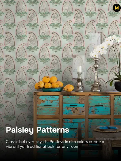 Paisley patterns are classic for a reason. This wallpaper uses the timeless motif in rich colors to create a look that is both vibrant and traditional, perfect for a stylish dining room or bedroom.