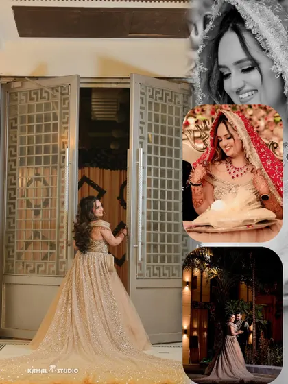 A collage blending the bride's grand entrance with close-up shots of her happy and emotional moments.