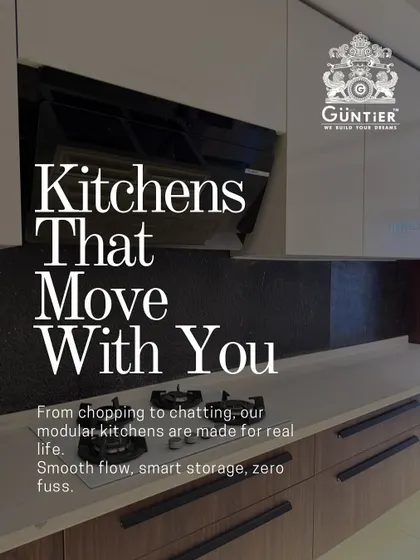 Our modular kitchens are designed for the flow of real life. This setup combines wood-grain lower cabinets with glossy white upper cabinets, creating a beautiful contrast that is both stylish and practical.