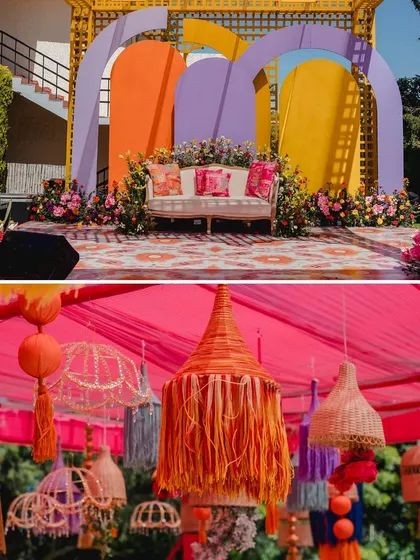 A collage of the vibrant decor from the Ooty Haldi, showing the colorful seating backdrop and the array of hanging lanterns.
