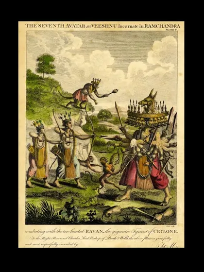 This hand-colored woodcut engraving by Thomas Maurice (c. 1798-1824) depicts the seventh avatar of Vishnu, Ramachandra, battling the ten-headed Ravana. It's a wonderful example of early European depictions of Hindu mythology.