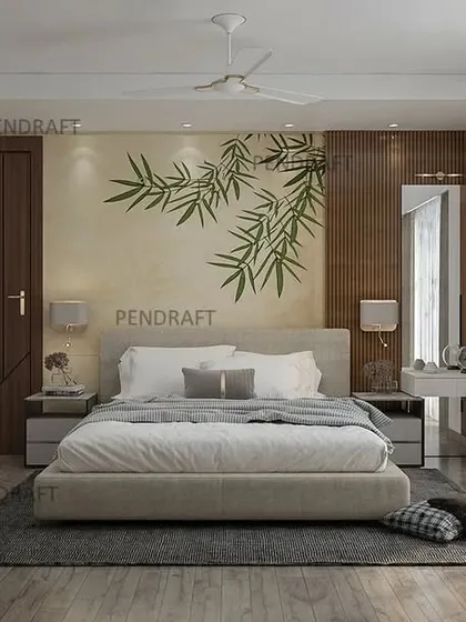 We bring tropical luxury into the bedroom with this design. A hand-painted bamboo mural on the wall serves as a serene backdrop, complemented by a neutral color scheme.
