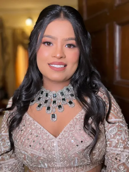 Getting my client Sanchita ready for her cocktail night. We went for a soft glam look with a nude pink lip that perfectly balanced her statement black and silver necklace.