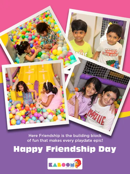 A colorful collage celebrating Friendship Day, showcasing kids playing in the ball pit and smiling with their friends. Friendship is the building block of fun!