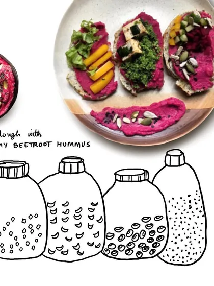 A perfect brunch idea featuring my Dreamy Beetroot Hummus. Its velvety pink texture and earthy-sweet flavor pair beautifully with sourdough toast, topped here with fresh veggies and seeds.