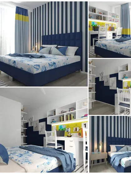 A boy's room should be a space to dream, play, and grow. This concept design blends calming blues with pops of yellow and a striped wall to create a room that is energetic and fun, complete with a dedicated study area and ample storage.