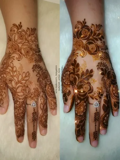 A side-by-side comparison of a fresh Arabic floral design and the same design with a glitter effect.