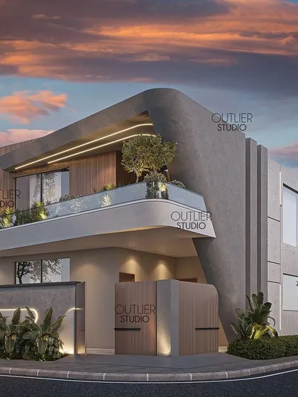 My architectural style often involves creating dynamic, flowing forms. This home's facade features a bold, curved concrete element that wraps around the balcony, softened by the warmth of wood paneling and integrated lighting for a dramatic effect.