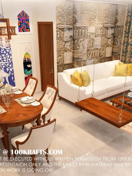 Another view of the 'Royal Traditional' living and dining space, highlighting the 'tree of life' jali work and the indoor swing.