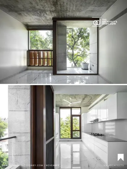 A split view of an apartment interior, showing the connection from a minimalist kitchen to a balcony, and a tranquil room opening up to the trees outside, emphasizing light and ventilation.