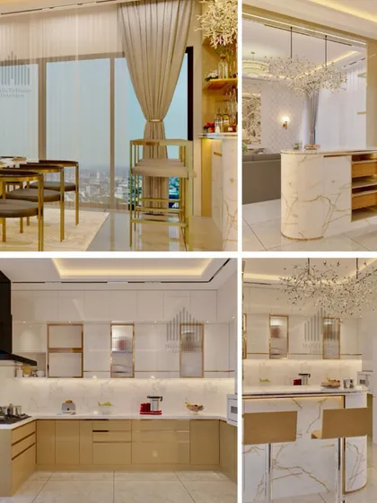 A collage showcasing a luxurious home design, featuring a dining area with city views, a sleek kitchen with a breakfast bar, and an opulent bar area.