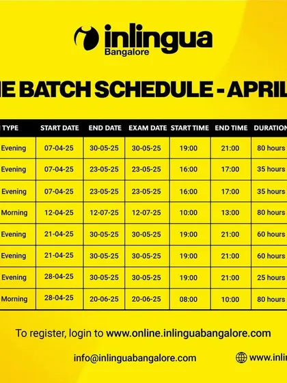 This is our online batch schedule for April 2025, featuring a range of courses including German A1, French A1.1, and Spanish A1.