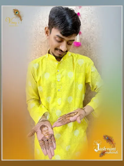 Photos of our happy grooms proudly showing off their personalized portrait mehndi.