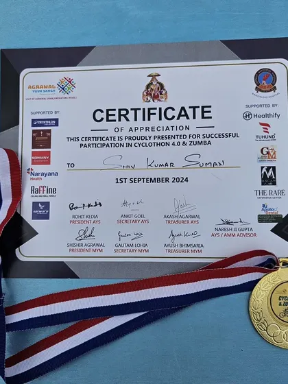 We are proud to be a part of major city-wide fitness events. This certificate of appreciation and medal from the Cyclothon 4.0 at Decathlon Sarjapur is a testament to our commitment to promoting community health and corporate wellness.