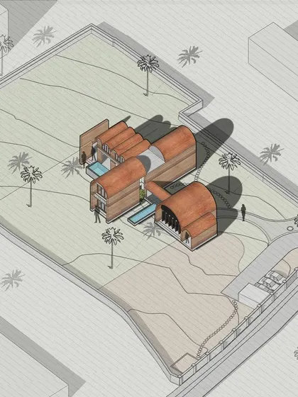 A more experimental concept, this drawing explores organic, vaulted structures. This approach to form-making results in a unique and sculptural building that feels like it has grown out of the earth itself.