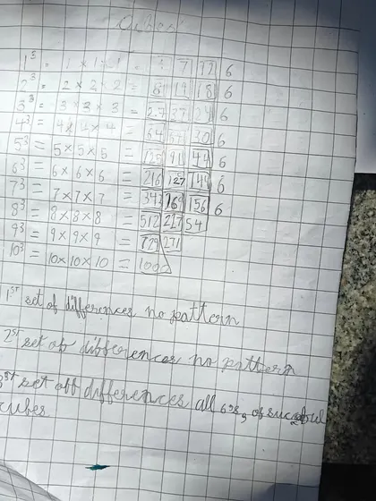 A child's notes on finding the pattern in the difference between successive cubes. This is the heart of mathematical thinking: not just calculating, but searching for patterns and making discoveries.