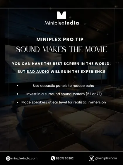 A pro tip I always share: sound makes the movie. This graphic outlines the essentials for great audio, including acoustic panels, a quality surround sound system, and correct speaker placement.
