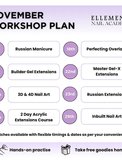 The November workshop calendar is packed with opportunities. Master Russian Manicure, Builder Gel Extensions, 3D & 4D Nail Art, and more.