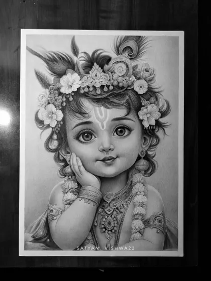 This portrait of Bal Krishna or Ladoo Gopal is all about capturing his innocent and playful nature. It's a heartwarming piece that brings a lot of joy, sketched with delicate strokes to highlight his divine charm.