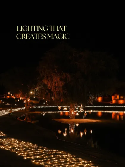 An outdoor space transformed by light. Here, we lined a pathway and a lake with hundreds of small lights, creating a magical, glittering landscape for an evening celebration.