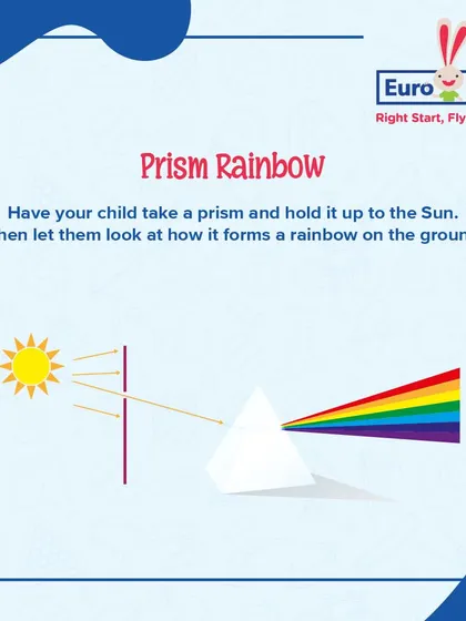 Create a rainbow with a prism. This magical experiment teaches children about light refraction as they hold a prism up to the sun and watch a rainbow appear on the ground.