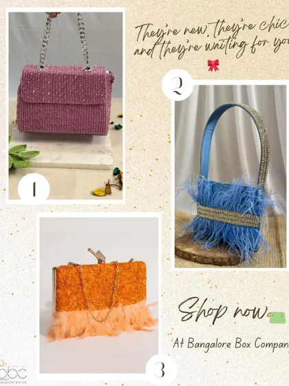They're new, they're chic, and they're waiting for you. Our latest collection of handbags features a variety of styles, from a sparkling pink clutch to a feathered blue and orange bag.