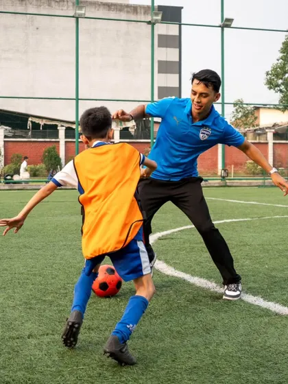 BFC winger Rohit Danu joins in for a kickabout with our players at the JP Sports Academy in Dehradun.