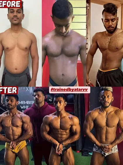This collage shows the full journey. From the initial 'before' shot, through the intermediate stages, to the final shredded physique on stage. This is a complete physique overhaul.