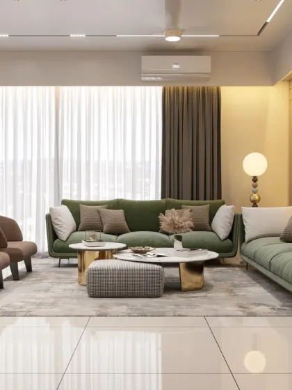 This wide shot shows the full living area, featuring a green sofa, brown accent chairs, and a multi-level coffee table. The design balances different colors and forms to create a cohesive and inviting family space.