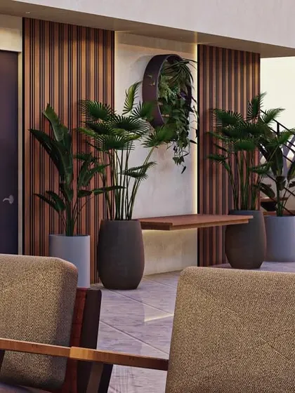 A view from the seating area in the 3D terrace model. This helps the client understand the sightlines and overall feel of the space before construction begins.