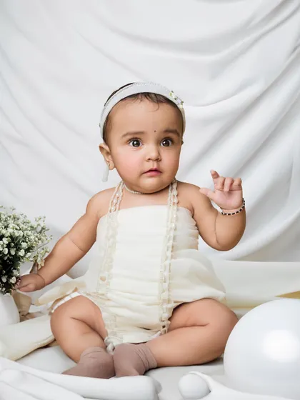 A beautiful baby girl in an all-white setting, looking curiously at the camera. The simplicity of the setup makes her sweet face the center of attention.